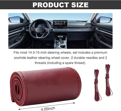 Wevdn Genuine Leather Steering Wheel Cover, Stitch on Wrap, DIY Sewing Steering Wheel Protector, 15 Inch Breathable Non-Slip Steering Wheel Protector, Car Accessories (Wine Red, Glossy)