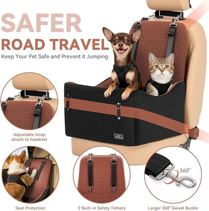PETSFIT Dog Car Seat for Small/Medium Dogs Up to 35 lbs – Patented Safety System, 5" Memory Foam Pet Booster Car Seat, Fully Detachable and Washable Dog Carseat with 2 Storage Pockets (Black/Brown)