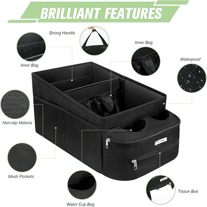 FUNNy elf Passenger Seat Organizer, Collapsible Car Storage with Partitions & 4 Cup Holders for Front or Back Seat