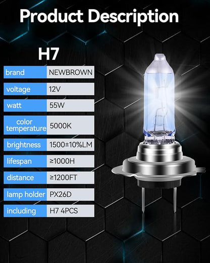NEWBROWN H7 Headlight Bulb H7 Halogen Headlight Bulb 5000K Super White Light Long Life Replacement PX26D 12V/55W (H7, 4 Pack)