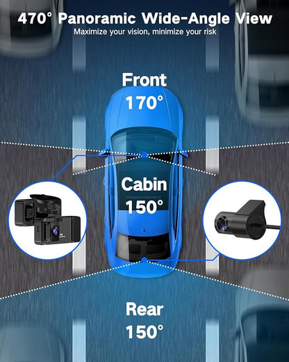 3 Channel 4K Dash Cam, Dash Cam Front and Rear Inside 170°/150°/150° Wide Angle View, Dash Camera for Cars with 64GB Card Included, Loop Recording, Night Vision, G-Sensor, 5GHz WiFi, 24Hr Parking