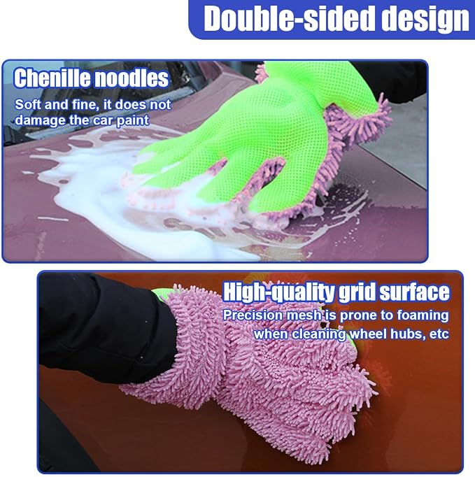 2PCS Car Wash Mitts, Double Sided Chenille Microfiber Dusting Gloves with 5-Finger Design, Anti-Scratch Auto Interior Exterior Detailing Mitt for Cleaning Wheel Tight Spot (Purple)