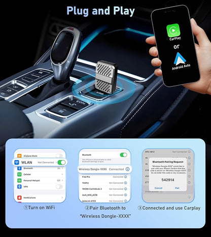 Tsnam Wireless CarPlay & Android Auto Adapter, USB Dongle for Car, Converts Wired to Wireless, Plug & Play, Auto-Connect, Compatible with iPhone and Android