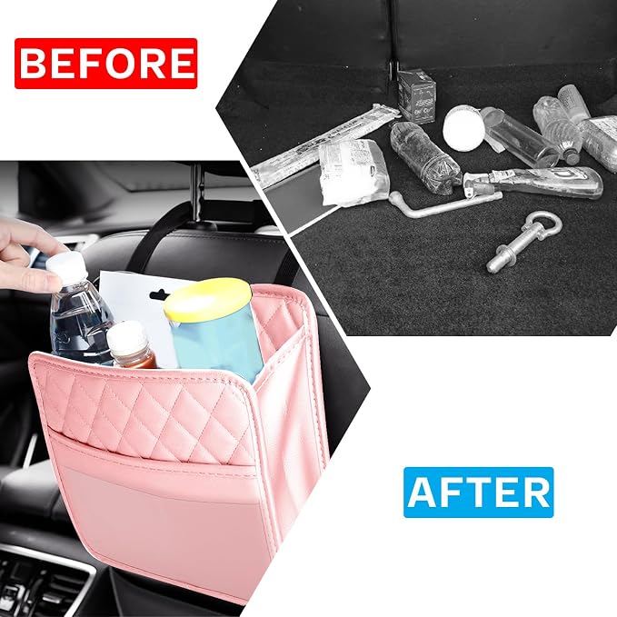Car Seat Organizer Backseat with Storage Pockets, PU Leather Vehicle Backseat Hanging Storage Pocket, Multipurpose Automotive Travel Essentials Accessories, Universal for Most Cars (Pink)