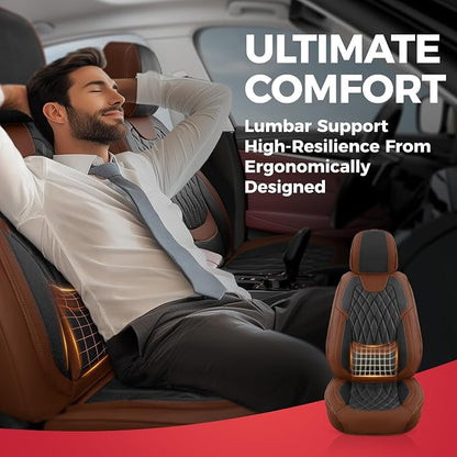 FREESOO Car Seat Covers Front Seats - Luxury Breathable Waterproof Faux Leather Car Seat Cover Protectors with Lumbar Support, Universal Fit for Most 5 Seats Vehicles Sedans Hatchbacks, Black Brown