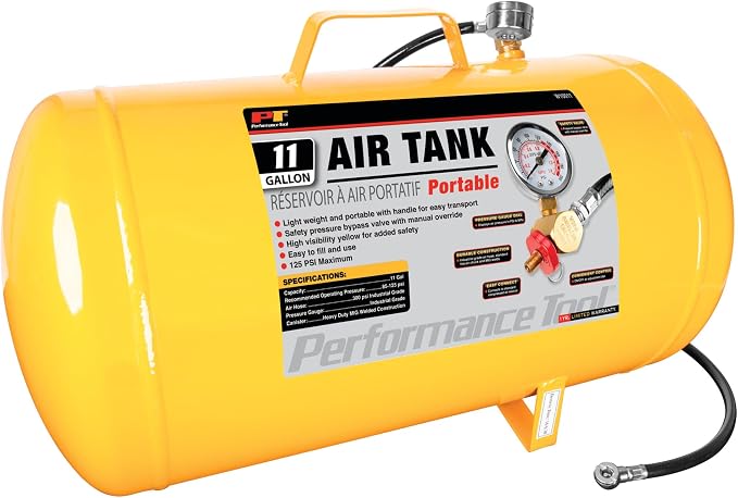 Performance Tool W10011 Hi-viz 11-Gallon Horizontal Portable Air Tank With Tire Air Chuck , Yellow