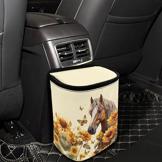 Talayituse Horse Sunflower Butterfly Print Car Trash Can with Lid, Leak Proof Auto Trash Bag Hanging Vehicle Garbage Can Multipurpose Storage Container for Back Seat Road Trip
