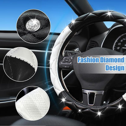 SuperKaKa Black and White Steering Wheel Cover, Auto Cute PU Diamond Bling Comfort Leather Car Interior Accessories Protector Sparkly Fit Most O-Shaped Steering Wheels