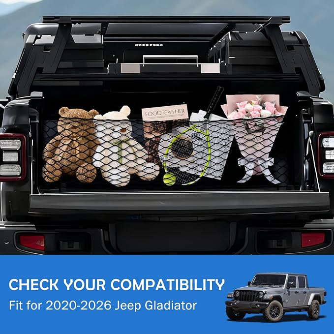 Envelope Style Cargo Net for 2020-2026 Jeep Gladiator Accessories, Rear Trunk SUV Mesh Cargo Net, Upgraded 5mm Bungee & Double-Layer Nylon Storage Tailgate Netting Grocery&Tools Holder Organizer