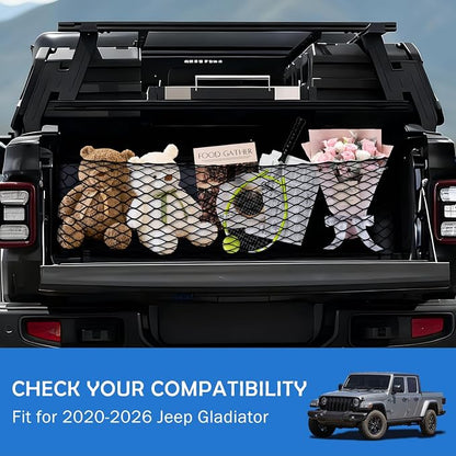Envelope Style Cargo Net for 2020-2026 Jeep Gladiator Accessories, Rear Trunk SUV Mesh Cargo Net, Upgraded 5mm Bungee & Double-Layer Nylon Storage Tailgate Netting Grocery&Tools Holder Organizer