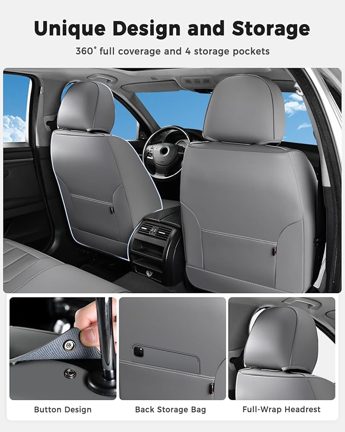 Huidasource Seat Covers Full Set, Universal Fit for Most Cars SUVs Trucks, Full Coverage Waterproof Leather Car Seat Cover, Airbag, Cupholder Compatible, Seat Function Retain, Velcro Adjustable, Gray