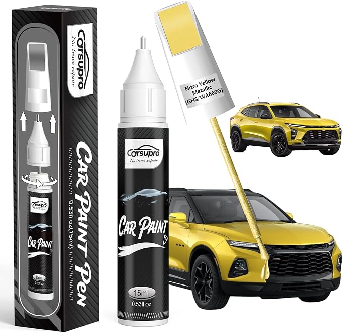 Nitro Yellow Metallic(GHS/WA660G) for Chevrolet Touch Up Paint Pen, 2 in 1 Car Scratch Remover with Pen Tip and Brush, Precise Color Match for Car Paint Scratch Repair, Quickly and Easily Fix Chips and Nicks