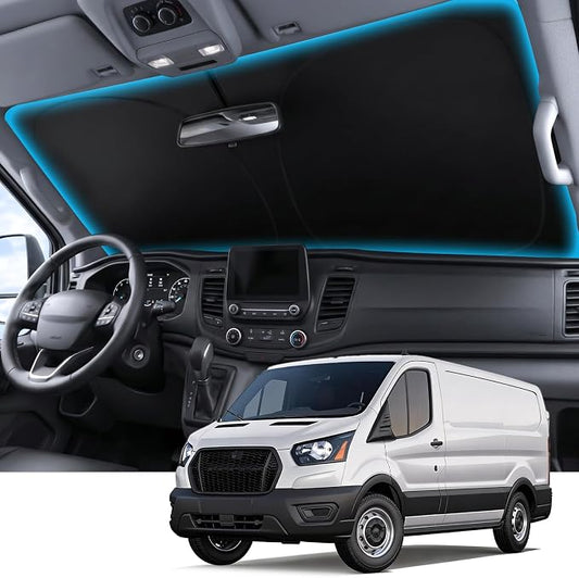 Wigoo for Ford Transit Windshield Sunshade [OEM Design, 100% Sun Blockage] Foldable Heat Insulation Sun Shade with Storage Bag, for Ford Transit (2015-2026), Silver Coating