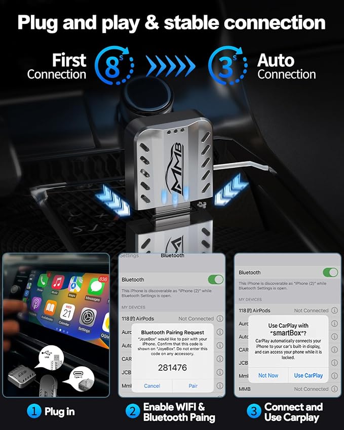 MMB Wireless Carplay Adapter for Apple 2026 Upgrade Mini Apple carplay Fast & Stable, No Delay,Plug and Play Convert Wired to Wireless CarPlay Adapter for iPhone 6+ and 2016+ Cars USB/Type C