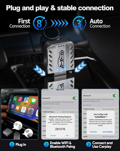 MMB Wireless Carplay Adapter for Apple 2026 Upgrade Mini Apple carplay Fast & Stable, No Delay,Plug and Play Convert Wired to Wireless CarPlay Adapter for iPhone 6+ and 2016+ Cars USB/Type C