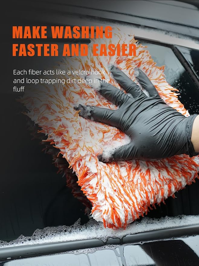 Microfiber Wash Pad, SPTA 3Pcs Ultra Wheel Pad Perfect for Wheels, Grills, and Tight Areas; Proprietary Microfiber Blend; Easily Releases Contaminates Upon Rinsing, 8.5in x 9.8in, Black/Orange-MT023B3