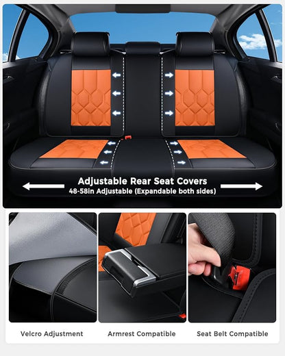 Huidasource Seat Covers Full Set, Universal Fit for Most Cars SUV Trucks, Full Coverage Leather Seat Cover, Airbag, Cupholder Compatible, Seat Function Retain, Easy Install with Velcro, Black&Orange