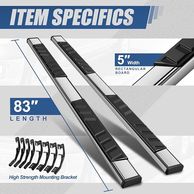 Auto Dynasty Running Boards Compatible with 2007-2019 Silverado Sierra 1500 2500HD 3500HD Crew Cab, Stainless Steel Side Step Rail Nerf Bars, 5" Step Bars, Silver Brushed