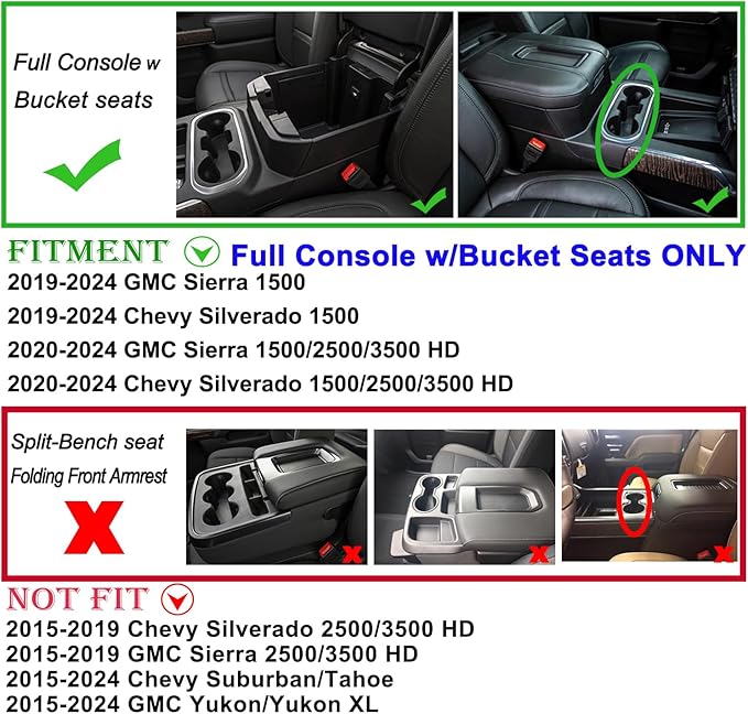 JKCOVER Center Console Organizer Tray Compatible with (2019-2024 2025) Chevy Silverado 1500/GMC Sierra 1500 and 2020-2025 Silverado/Sierra 2500/3500 HD - Full Console w/Bucket Seats ONLY，Black trim