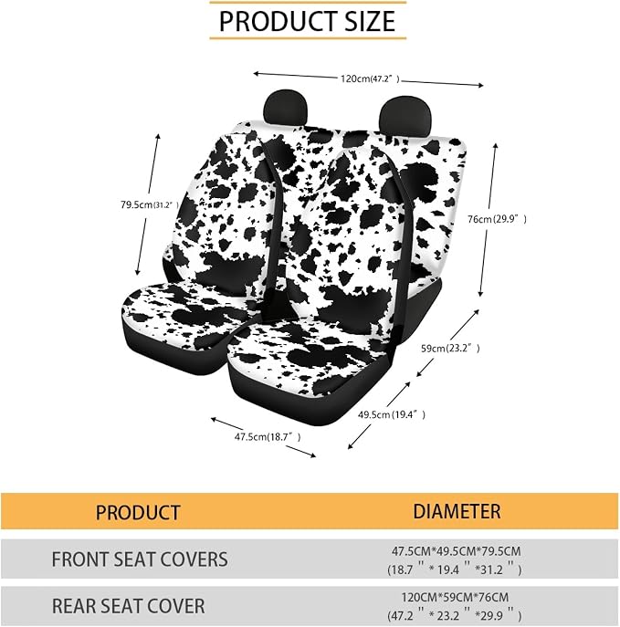 Cow Print Car Seat Covers Full Set,Rustic Spotted Milk Cow Fur Animal Skin Texture Black Cowhide Vehicle Front Rear Bench Cushion Protectors Auto Interior Accessories Universal Fit for Trucks