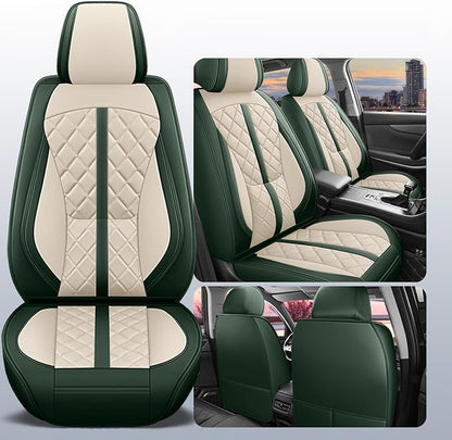 otoez Green Car Seat Covers Full Set, Universal Nappa Leather Seat Cover 5 Seat Waterproof & Breathable Automotive Seat Protector Full Coverage for Cars Sedens, Trucks, SUVs, Vans (White & Green)
