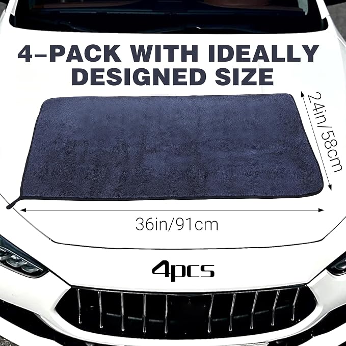 4 Pack 36x24 Inch Large Microfiber Car Drying Towels, Microfiber Towels for Cars, Ultra Absorbent, Streak Free, Scratch Free, Lint Free, Quick Dry, Multi-Purpose