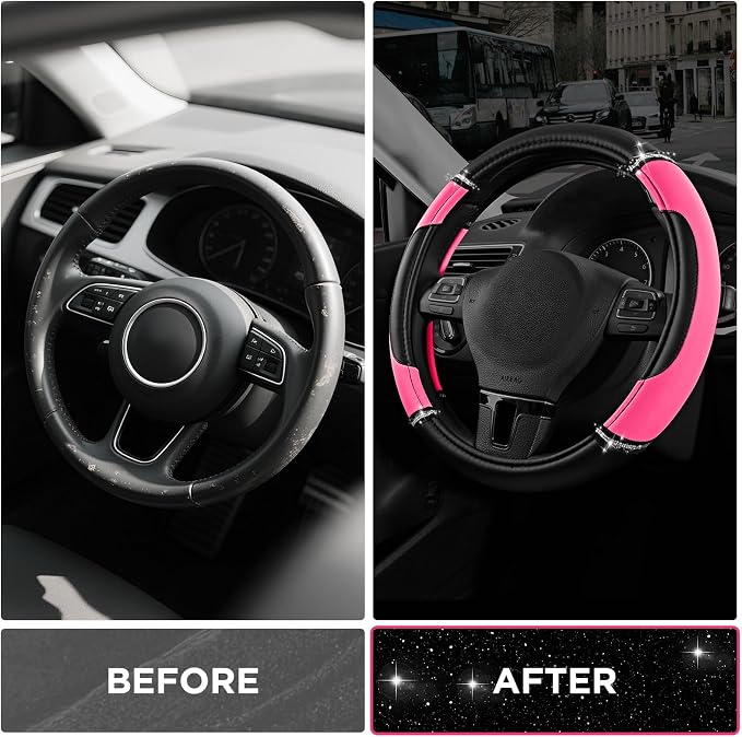 Road Comforts Leather Steering Wheel Cover - Made with PVC Leather - Anti-Slip, Universal Fit 14 1/2 inches to 15 inches - Hot Pink