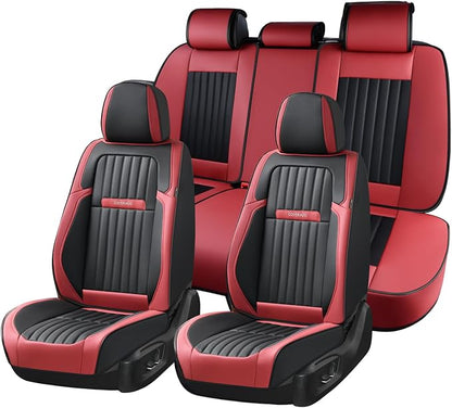 Coverado Car Seat Covers Full Set, Seat Covers for Cars, Car Seat Cover, Car Seat Protector, Leather Car Seat Cushion, Waterproof Car Seat Covers Front Seats and Back Fit for Most Cars(Red&Black)