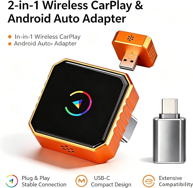 2-in-1 Wireless CarPlay & Android Auto Adapter, Converts Wired to Wireless,Plug & Play Dongle, Fast Auto-Connect No Delay, Compact Design for iPhone & Android with USB/USB-C Port(Orange)
