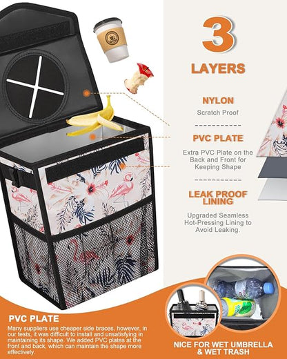 Pritent Car Trash Can with Lid, Cute Leakproof Car Trash Garbage Bag Hanging Vehicle Trash Bin Small Portable Automotive Garbage Cans Organizer for Back/Front Seat/Console(2.8 gal,Flamingo Print