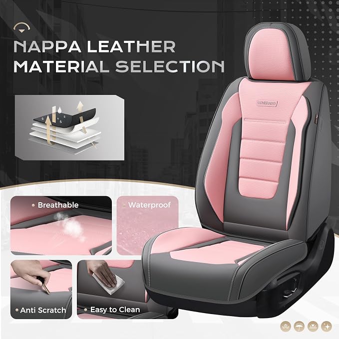 Coverado Car Seat Covers Front, Seat Covers for Cars, Waterproof 2-Pack Car Seat Cushions, Leather Carseat Seat Protectors, Universal Seat Covers Fit for Most Sedans SUV Pick-up Trucks(Gray&Pink)