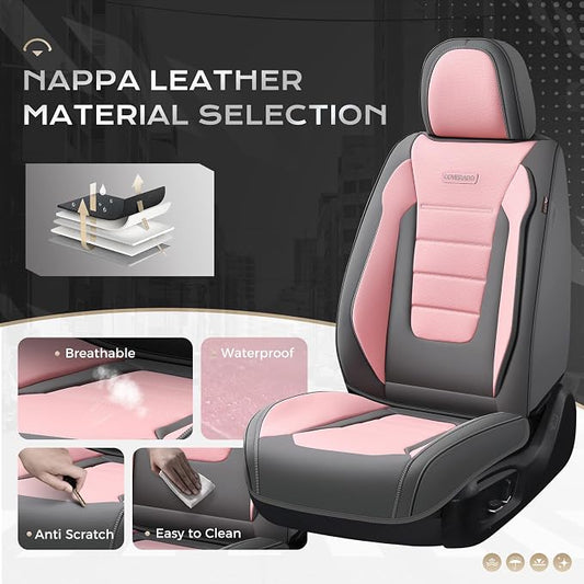 Coverado Car Seat Covers Front, Seat Covers for Cars, Waterproof 2-Pack Car Seat Cushions, Leather Carseat Seat Protectors, Universal Seat Covers Fit for Most Sedans SUV Pick-up Trucks(Gray&Pink)