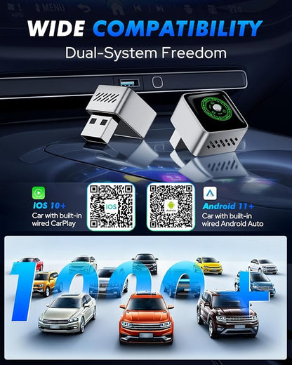 2-in-1 Wireless CarPlay Adapter - 1-Click Multi-Device Switch for Apple iPhone, 3s Auto-Connect, CarPlay & Android Auto, iOS 10+/Android 11+, Multi-User Seamless Connection, OTA Upgrade
