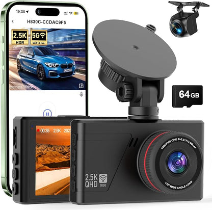 Dash Camera for Cars, 2.5K Dual Dash Cam Front and Rear W/ 64GB Card,3"IPS Screen Car Cam Built-in 5G WIFI,Car Dash Cam with G-Sensor, Loop Recording, Night Vision, 24H Parking Monitor,170°Wide Angle