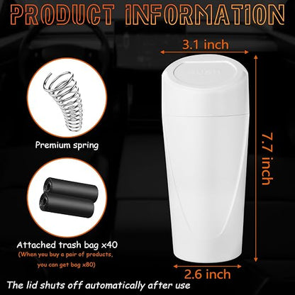Car Trash Can with Lid-2Pack, Leakproof Garbage Can with 80 Attached Trash Bags, Mini Essential Car Accessories for Interior for Car, Home, Office（White）