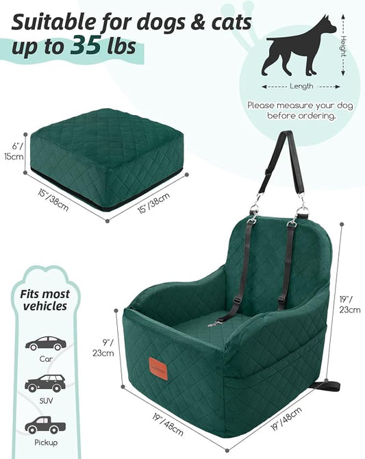 Lealchum Dog Booster Car Seat for Small/Medium Dogs,6in Elevated Cushion,Fully Detachable and Washable,2 Storage Pockets & 3 Straps,Fits in Front/Back Seat,Easy to Install (Green,Medium)