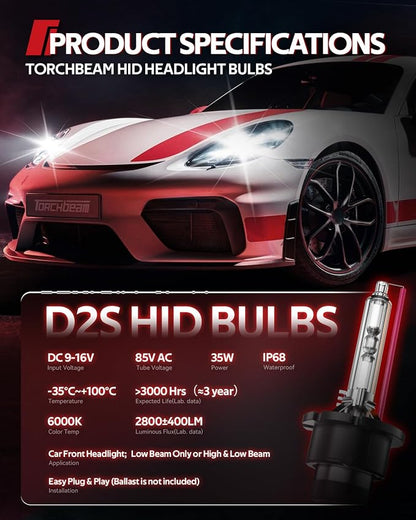 Torchbeam D2S HID Bulbs, 85122 66240 66040 66240CBI (85122C1) Xenon Bulbs Replace 6000K Cool White, 35W HID Xenon Bulb for 12V Car, Pack of 2