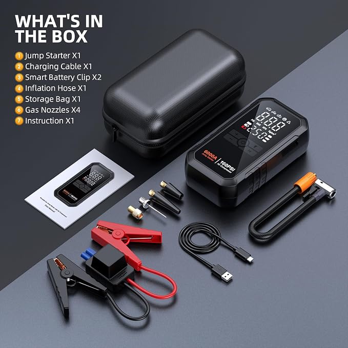 Portable 10-in-1 Car Battery Jump Starter with Air Compressor 6000A 160PSI Portable Car Jumper Starter (All Gas 12L Diesel), 12V Jump Box Car Battery Jump Starter Portable Jumper Cables, Lights