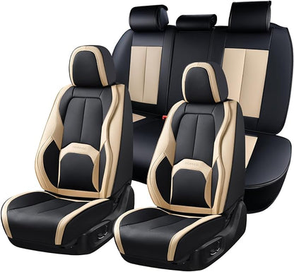 Coverado Car Seat Covers, Leather Seat Covers Full Set, Waterproof Car Seat Protector with Lumbar Support, Automotive Seat Covers Seat Cushions Universal Fit for Most Cars SUV Trucks, (Black&Beige)