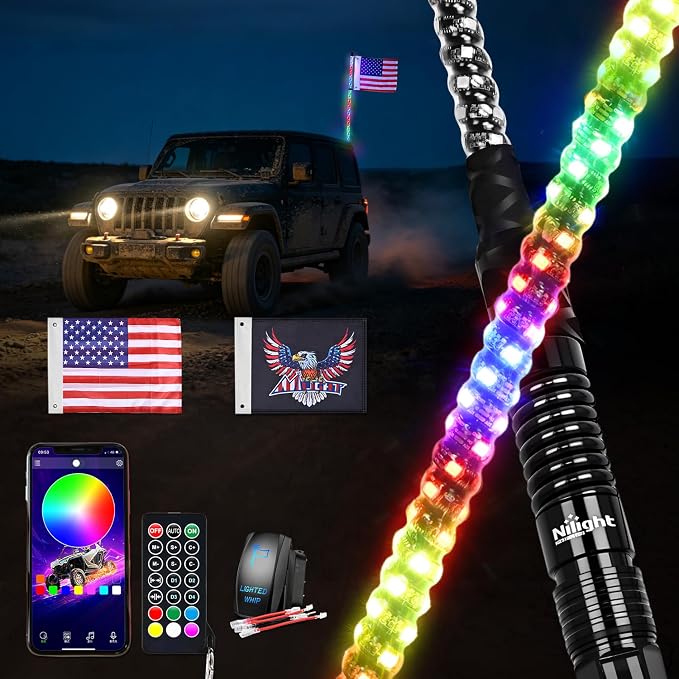 Nilight LED Whip Light 1PC 5FT Spiral RGB Antenna Whips with Spring Base, App/Remote Control DIY Chasing Patterns Brake & Reverse Lights for Side by Side ATV UTV RZR Can-Am Buggy Jeep