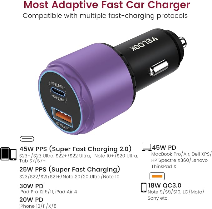 VELOGK Super Fast Type C Car Charger [73W Turbo], Fast Adaptive 55W 45W PPS/PD&QC3.0 USB C Car Adapter[Super Fast Charging 2.0]for Samsung S26/S25 Ultra/S24 Ultra/S23 Ultra/S22+/S21, iPad Pro(Purple)