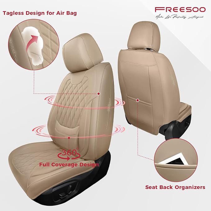 FREESOO Beige Car Seat Cover Full Set - Faux Nappa Leather Seat Covers for Cars, Ultra Breathable Waterproof Front Seats Cushion Protectors with Lumbar Support, Universal Fit for Sedans SUVs Pickups