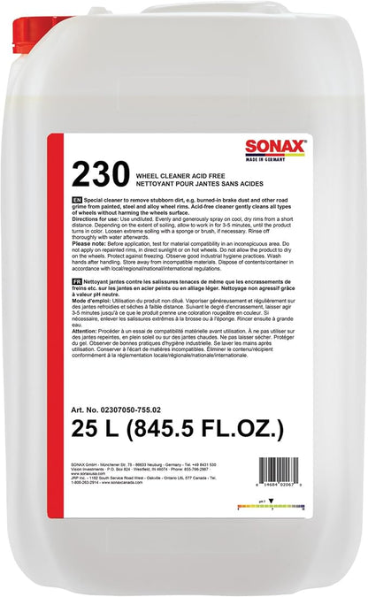 SONAX Wheel Cleaner Plus | Non-Acid Color Changing Formula for Effortless Removal of Brake Dust Grime and Dirt | Safe for All Wheels | Professional Strength Cleaner | 230705 | 25L