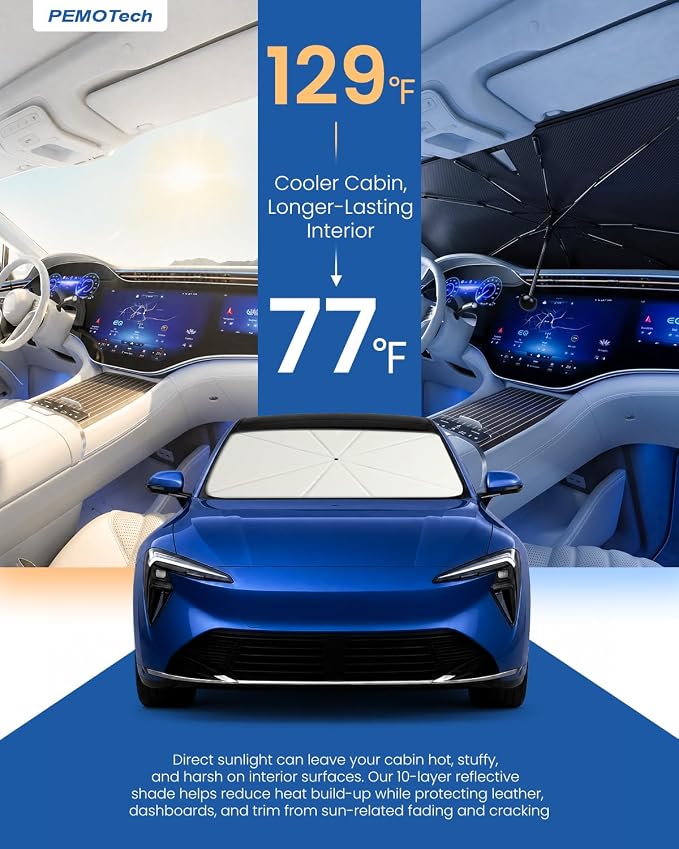 PEMOTech【for Chevrolet Spark/Sonic; MINI Cooper and Sports Cars & Coupes】Umbrella Windshield Sun Shade | Quick-Install Reliable UV Blocker&Heat Shield | Versatile Sun shade for Windshield (49"X25.6")