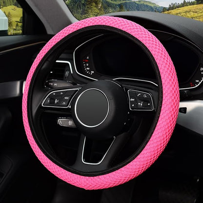 KAFEEK Elastic Stretch Steering Wheel Cover 15 Inch, Breathable Ice Silk Microfiber, Non-Slip Grip, Warm in Winter and Cool in Summer, Odorless, Car Accessories Fit Cars, SUVs, Rose Red