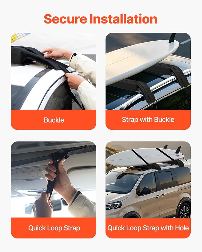 VEVOR Soft Roof Rack Pads, 31.5" Universal Car Roof Rack Pad, 176LBS Load Capacity Surfboard Rack for Car with 4 Tie-Down Straps, 2 Quick Loop Straps & Storage Bag for SUP Canoe Snowboard Paddle Board