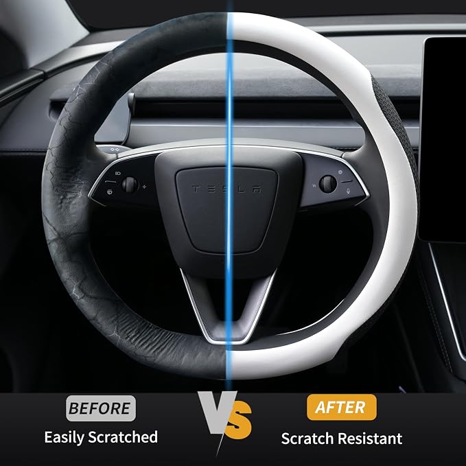 Uxcer Premium Leather Steering Wheel Cover for Tesla Model 3/Y 2016-2025 2026 Juniper/Highland, Non-Slip Breathable Tesla Model 3/Y Steering Wheel Protector, White