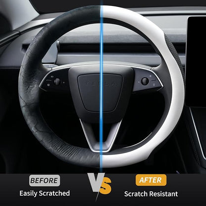 Uxcer Premium Leather Steering Wheel Cover for Tesla Model 3/Y 2016-2025 2026 Juniper/Highland, Non-Slip Breathable Tesla Model 3/Y Steering Wheel Protector, White