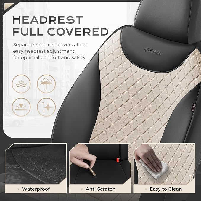 Coverado Front Seat Covers, 2 Seats Universal Seat Covers for Cars, Leather & Fabric Splicing Design Car Seat Protectors, Waterproof Car Seat Cushions Universal Fit for Vehicles, Black & Beige