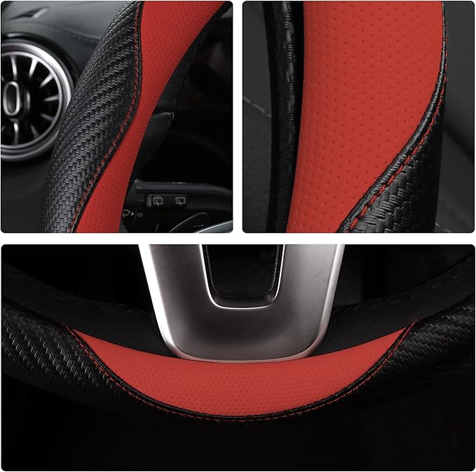 HighnessHwoo Car Steering Wheel Covers for Women Girl Padded Carbon Fiber PU Leather Cute Cartoon Auto Interior Accessories for Jeep, Truck, Universal, Anti Slip, Red, Large Size, 15.2-16in